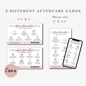 May include: Two aftercare cards for brow lamination and lash lift & tint services, with a phone-sized version displayed on a smartphone. The cards feature advice icons and text, including "Brow Lamination Aftercare Advice" and "Lash Lift & Tint Aftercare Advice". The cards are 3.5" x 2" and 2" x 3.5".