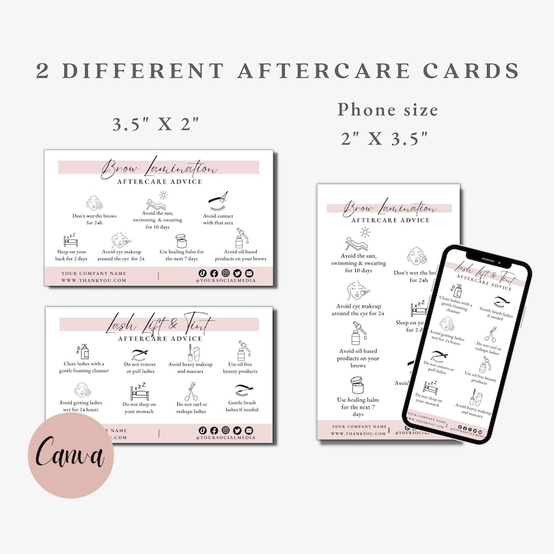 May include: Two aftercare cards for brow lamination and lash lift & tint services, with a phone-sized version displayed on a smartphone. The cards feature advice icons and text, including "Brow Lamination Aftercare Advice" and "Lash Lift & Tint Aftercare Advice". The cards are 3.5" x 2" and 2" x 3.5".