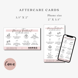 May include: Two pink and white aftercare cards for waxing treatments. The cards are 3.5 inches by 2 inches and feature icons and text with aftercare advice. The text on the cards reads "Waxing Treatment Aftercare Advice". The cards also include social media icons and the text "Your Company Name www.thankyou.com".