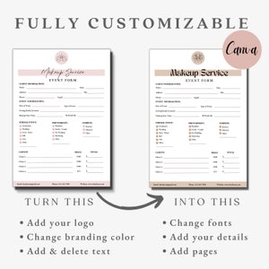 May include: Two customisable makeup service event forms with a pink and brown colour scheme. The left form is a template and the right form is an example of a completed form. The text on the form says "Makeup Service Event Form".