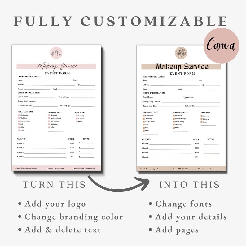 May include: Two customisable makeup service event forms with a pink and brown colour scheme. The left form is a template and the right form is an example of a completed form. The text on the form says "Makeup Service Event Form".