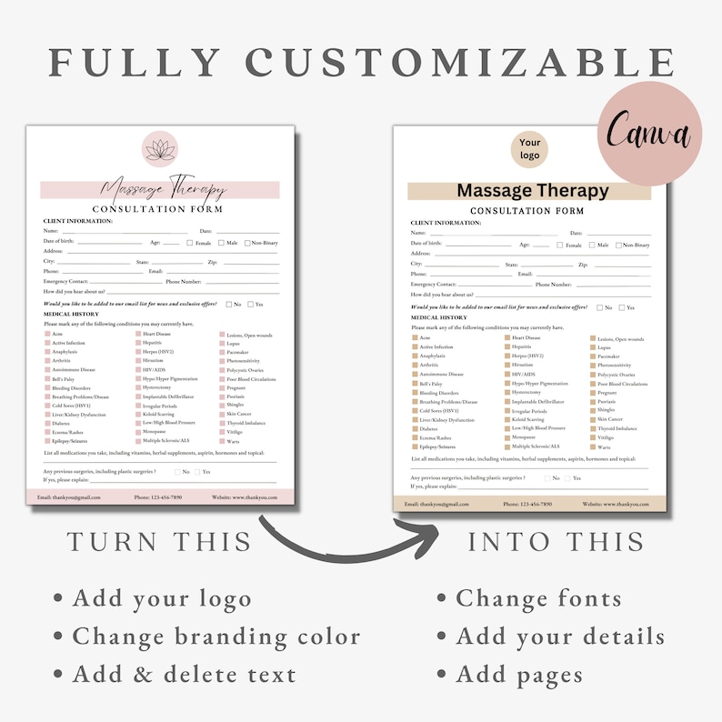 May include: A customizable massage therapy consultation form template. The design features a light beige and white color scheme with the text "Massage Therapy Consultation Form". The image includes the text "Fully Customizable" and "Turn This Into This".
