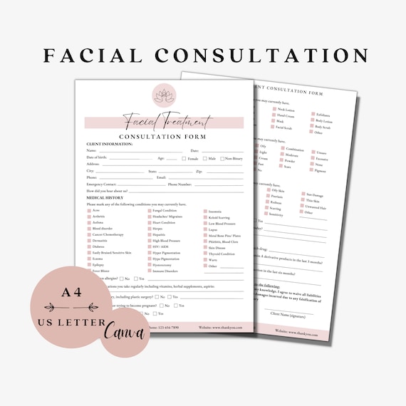 Facial Consultation Form, Facial Intake Form, Skincare Forms, Spa Forms, Esthetician Forms, Esthetician Intake Form, Esthetics Business