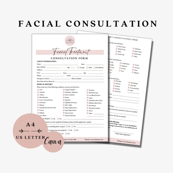 Facial Consultation Form, Facial Intake Form, Skincare Forms, Spa Forms, Esthetician Forms, Esthetician Intake Form, Esthetics Business