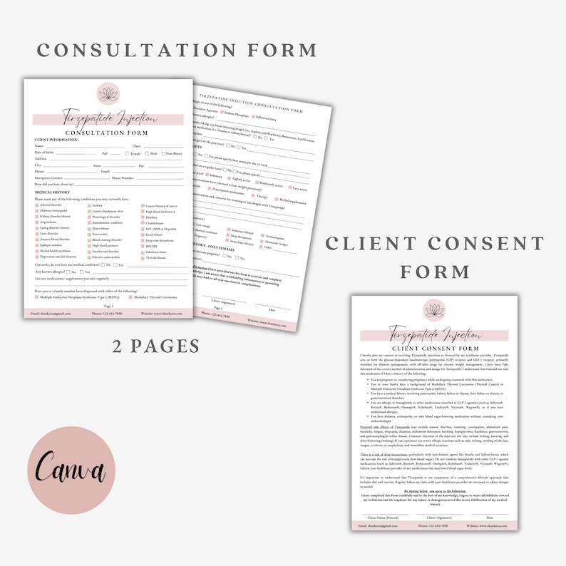 Puede incluir: Dos formularios de consulta rosa y blanco para la inyecci&oacute;n de Terzepatide. El primer formulario es un formulario de consulta del cliente con una lista de verificaci&oacute;n del historial m&eacute;dico y una secci&oacute;n para la informaci&oacute;n del cliente. El segundo formulario es un formulario de consentimiento del cliente con informaci&oacute;n sobre el tratamiento y los riesgos.