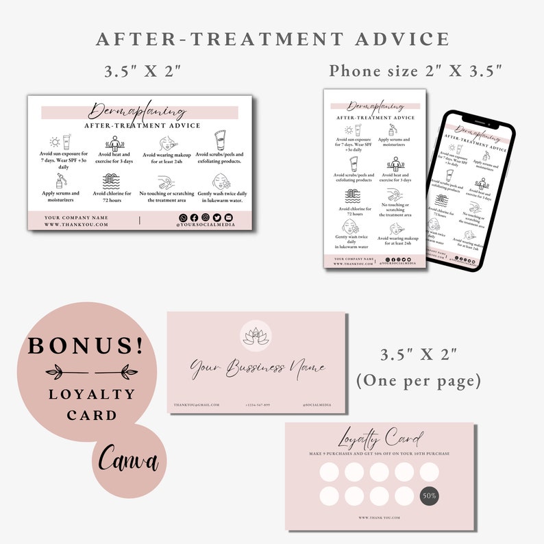 Puede incluir: Cartas de consejos para despu&eacute;s del tratamiento de dermaplaning, imprimibles en rosa y blanco. Las tarjetas incluyen instrucciones para la exposici&oacute;n al sol, el ejercicio, el maquillaje y el lavado. Las tarjetas miden 3,5 pulgadas por 2 pulgadas. Tambi&eacute;n se incluye una tarjeta de fidelizaci&oacute;n de bonificaci&oacute;n.