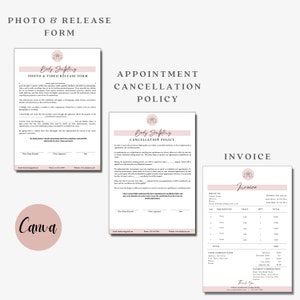 Op de afbeelding: Een roze en wit document met de titel "Body Sculpting Photo & Video Release Form". Het document bevat een vrijgaveformulier voor het gebruik van foto's en video's. Een tweede document met de titel "Afspraakannuleringsbeleid" is ook weergegeven. Het derde document is een factuur met de titel "Body Sculpting Invoice".