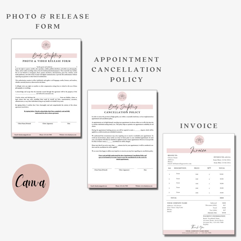 Op de afbeelding: Een roze en wit document met de titel "Body Sculpting Photo & Video Release Form". Het document bevat een vrijgaveformulier voor het gebruik van foto's en video's. Een tweede document met de titel "Afspraakannuleringsbeleid" is ook weergegeven. Het derde document is een factuur met de titel "Body Sculpting Invoice".