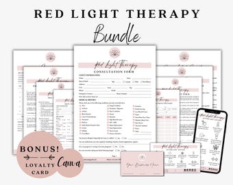 May include: A Red Light Therapy bundle featuring multiple printed forms, including a consultation form, medical history, and aftercare advice. The documents have a pink and white color scheme with a lotus logo. A smartphone displays aftercare tips.