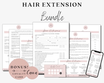 May include: A pink and white hair extension bundle with forms for client consultation, aftercare advice, and a video release. The bundle also includes a loyalty card and a phone with a hair care advice graphic.
