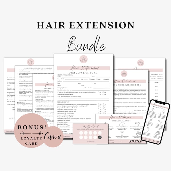 Hair Extension Forms, Hair Consultation, Hair Agreement, Hair Extensions Aftercare Card, Hairdressing Forms, Hairstylist Forms, Salon Forms