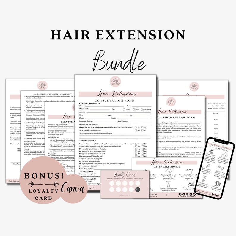 May include: A pink and white hair extension bundle with forms for client consultation, aftercare advice, and a video release. The bundle also includes a loyalty card and a phone with a hair care advice graphic.