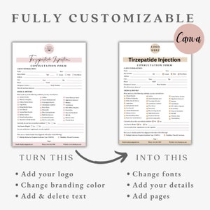 Puede incluir: Una plantilla de formulario de consulta m&eacute;dica personalizable con un esquema de color rosa y marr&oacute;n. El formulario se titula "Tirzepatide Injection Consultation Form" e incluye secciones para la informaci&oacute;n del cliente y el historial m&eacute;dico. La plantilla est&aacute; dise&ntilde;ada para ser f&aacute;cilmente editada y personalizada con tu propia marca y detalles.