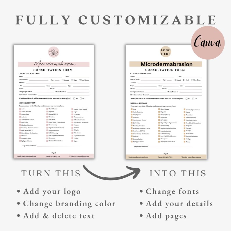 May include: A customisable consultation form template for microdermabrasion treatments. The form includes sections for client information, medical history, and consent. The template is designed to be easily edited and personalised with your own branding and details.