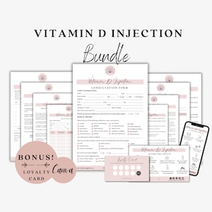 Könnte beinhalten: Ein rosa-weißes druckbares Bundle für Vitamin-D-Injektionen. Das Bundle enthält ein Beratungsformular, Kundenpflegehinweise, Nachsorgehinweise und eine Treuekarte. Der Text "Vitamin D Injection Bundle" befindet sich oben im Bild.