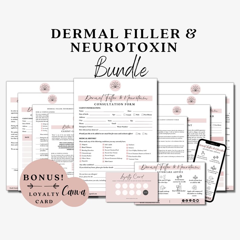 Filler, Botox, Botulintoxin, Konsultationsblanketter, Samtyckesblankett, Råd om eftervård, Estetikerblanketter, Intagningsblanketter för estetiker, Avstående bild 1