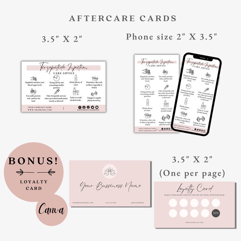 Puede incluir: Un conjunto de tarjetas de atenci&oacute;n posterior imprimibles para una inyecci&oacute;n de firzepalide. Las tarjetas miden 3,5 pulgadas por 2 pulgadas y presentan un fondo rosa con texto negro e iconos. Las tarjetas incluyen consejos de atenci&oacute;n como controlar regularmente el az&uacute;car en sangre, comer lentamente y consumir porciones m&aacute;s peque&ntilde;as, y participar en actividad f&iacute;sica regular. El conjunto tambi&eacute;n incluye una plantilla de tarjeta de fidelizaci&oacute;n con un fondo rosa y texto negro. La tarjeta de fidelizaci&oacute;n mide 3,5 pulgadas por 2 pulgadas y presenta un dise&ntilde;o con 10 c&iacute;rculos para que los clientes puedan recopilar sellos. La tarjeta dice "Haz 10 compras y obt&eacute;n un 50% de descuento en tu 11&ordf; compra."
