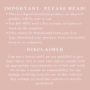 May include: A digital download product notice with the text "IMPORTANT - PLEASE READ!" and "DISCLAIMER" on a light pink background. The text provides instructions for downloading and a disclaimer about legal advice.