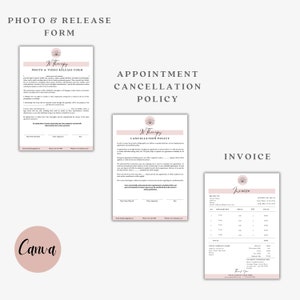 May include: A set of three printable documents for a therapy business. The documents include a photo and video release form, an appointment cancellation policy, and an invoice. The documents are designed in a minimalist style with a pink and white color scheme.