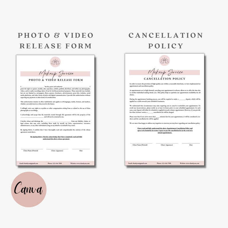 May include: Two pink and white printable forms for a makeup service. The first form is a photo and video release form. The second form is a cancellation policy. Both forms have the text "Makeup Service" at the top.