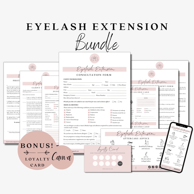 May include: A pink and white printable bundle for eyelash extension businesses. The bundle includes a consultation form, consent form, client record card, aftercare advice, and a loyalty card. The text "Eyelash Extension Bundle" is at the top of the image.