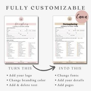 Puede incluir: Una plantilla de formulario de consulta de dermaplaning personalizable con un dise&ntilde;o de flor de loto rosa. El formulario incluye informaci&oacute;n del cliente, historial m&eacute;dico y espacio para notas. El texto "Convierte esto en esto" se muestra con flechas que indican el proceso de transformaci&oacute;n.