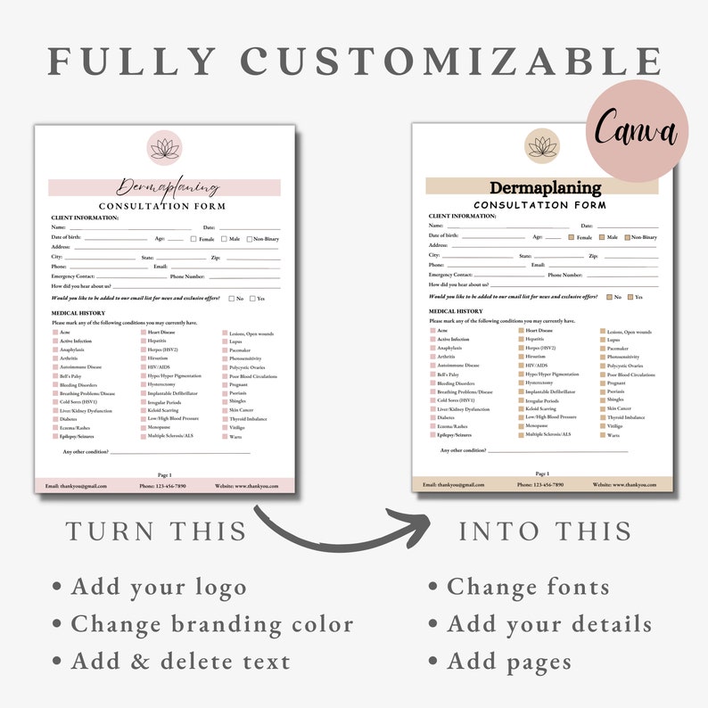 Puede incluir: Una plantilla de formulario de consulta de dermaplaning personalizable con un dise&ntilde;o de flor de loto rosa. El formulario incluye informaci&oacute;n del cliente, historial m&eacute;dico y espacio para notas. El texto "Convierte esto en esto" se muestra con flechas que indican el proceso de transformaci&oacute;n.
