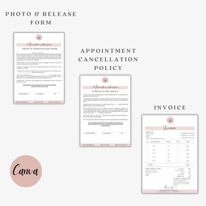 May include: Three documents with a pink floral design. The first document is a photo and video release form. The second document is an appointment cancellation policy. The third document is an invoice.