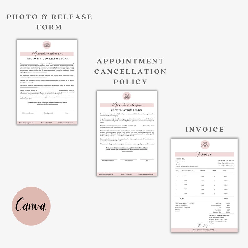 May include: Three documents with a pink floral design. The first document is a photo and video release form. The second document is an appointment cancellation policy. The third document is an invoice.