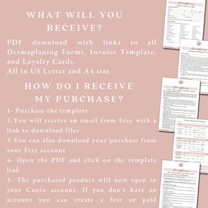 Puede incluir: Un fondo rosa con texto blanco que explica c&oacute;mo recibir una compra de formularios de dermaplaning, plantillas de facturas y tarjetas de fidelizaci&oacute;n. El texto dice que la compra se entregar&aacute; como una descarga PDF con enlaces a todos los archivos. El texto tambi&eacute;n dice que los archivos est&aacute;n disponibles en tama&ntilde;o US Letter y A4. El texto tambi&eacute;n explica c&oacute;mo descargar los archivos desde Etsy y Canva.