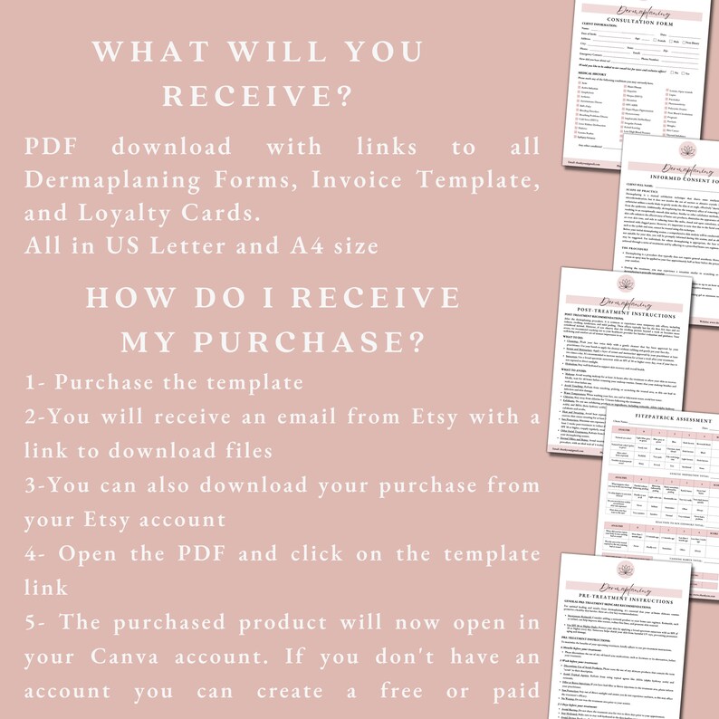 Puede incluir: Un fondo rosa con texto blanco que explica c&oacute;mo recibir una compra de formularios de dermaplaning, plantillas de facturas y tarjetas de fidelizaci&oacute;n. El texto dice que la compra se entregar&aacute; como una descarga PDF con enlaces a todos los archivos. El texto tambi&eacute;n dice que los archivos est&aacute;n disponibles en tama&ntilde;o US Letter y A4. El texto tambi&eacute;n explica c&oacute;mo descargar los archivos desde Etsy y Canva.
