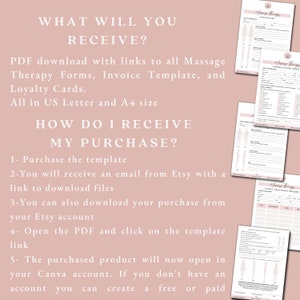 May include: Digital download of massage therapy forms, invoice templates, and loyalty cards. Includes US Letter and A4 sizes. Instructions on how to download the files are also included in the image.