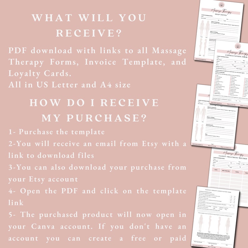 May include: Digital download of massage therapy forms, invoice templates, and loyalty cards. Includes US Letter and A4 sizes. Instructions on how to download the files are also included in the image.