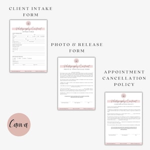 May include: Three photography contract templates: a client intake form, a photo & video release form, and an appointment cancellation policy. Each form features a pink header with the text "Photography Contract". The Canva logo is visible.