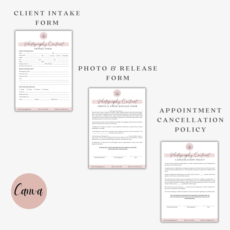 May include: Three photography contract templates: a client intake form, a photo & video release form, and an appointment cancellation policy. Each form features a pink header with the text "Photography Contract". The Canva logo is visible.