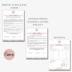 May include: A set of three printable documents for a business, including a photo and video release form, an appointment cancellation policy, and an invoice. The documents are designed in a minimalist style with a pink and white color scheme and feature a stylized lotus flower logo.
