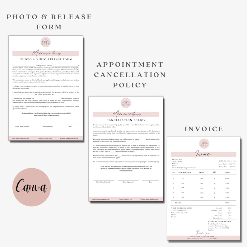 May include: A set of three printable documents for a business, including a photo and video release form, an appointment cancellation policy, and an invoice. The documents are designed in a minimalist style with a pink and white color scheme and feature a stylized lotus flower logo.