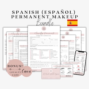 Formulários de maquiagem permanente em espanhol, formulário de consentimento PMU, consulta de maquiagem, cartões de cuidados posteriores PMU, formulário de blush labial, microblading, formulários de estética