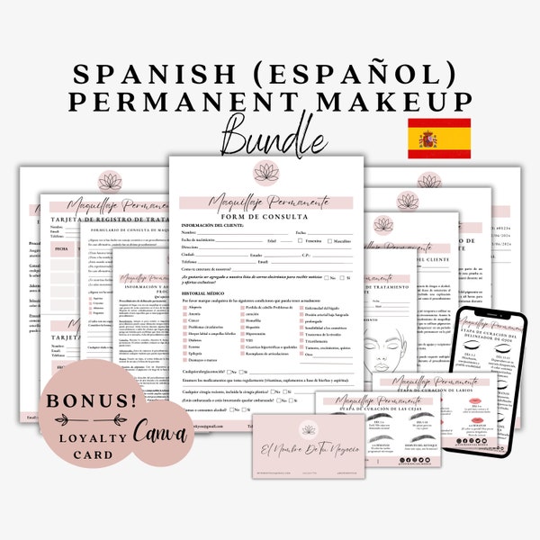 Formularios de maquillaje permanente en español, formulario de consentimiento de PMU, consulta de maquillaje, tarjetas de cuidados posteriores de PMU, formulario de rubor de labios, microblading, formularios de estética