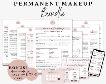 Formularios de maquillaje permanente, formulario de consentimiento de PMU, consulta de maquillaje, tarjeta de cuidados posteriores de PMU, formulario de rubor de labios, microblading, paquete de formularios de esteticista