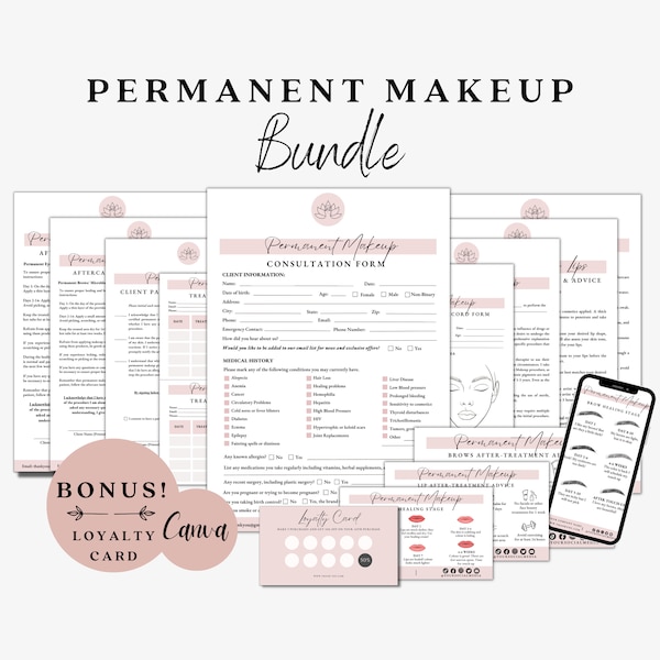 Permanente make-upformulieren, PMU-toestemmingsformulier, make-upconsult, PMU-nazorgkaart, lipblush-formulier, microblading, schoonheidsspecialisteformulierenbundel