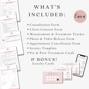 Op de afbeelding: Een digitale download van printbare formulieren en kaarten voor een body sculpting bedrijf. De formulieren omvatten een consultformulier, een toestemmingsformulier van de klant, een meet- en behandeltracker, een foto- en videovrijgaveformulier, een afsprakenannuleringsformulier, een factuurtemplate, pre- en postbehandelingskaarten en loyaliteitskaarten. De tekst "WHAT'S INCLUDED" en "& BONUS!" wordt weergegeven in roze tekst op een witte achtergrond.
