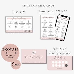 May include: A set of printable aftercare cards for microdermabrasion treatments. The cards are pink with black text and icons. The cards include instructions for aftercare, such as avoiding sun exposure, heat, and exfoliating products. The cards also include a loyalty card template with a pink background and black text. The loyalty card has a 50% discount offer for customers who make 10 purchases.