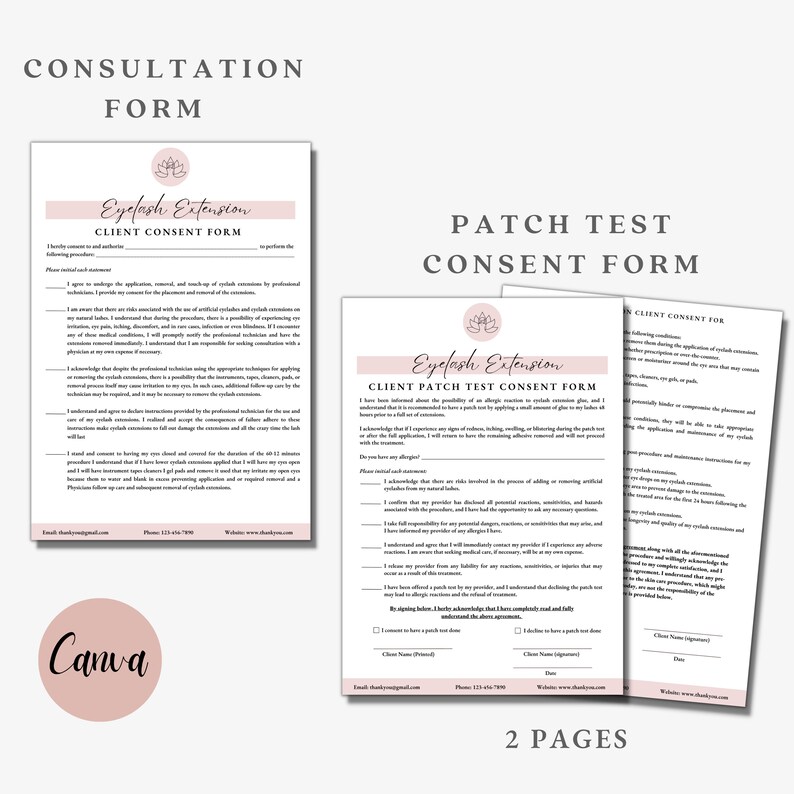 May include: Two pink and white client consent forms for eyelash extensions. The first form is for a consultation and the second form is for a patch test. Both forms include a floral design and the text "Eyelash Extension".