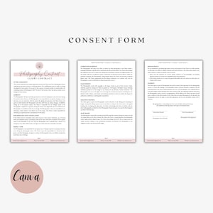 May include: A photography client contract template with a pink and white design. The document includes sections for agreement, usage rights, and refund policy. The word "Consent Form" is at the top. The Canva logo is at the bottom.