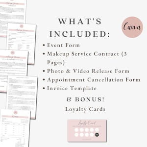 May include: A Canva design template for makeup artists and beauty professionals. The template includes an event form, makeup service contract, photo and video release form, appointment cancellation form, invoice template, and loyalty cards. The text "What's Included" is displayed in black text on a white background.