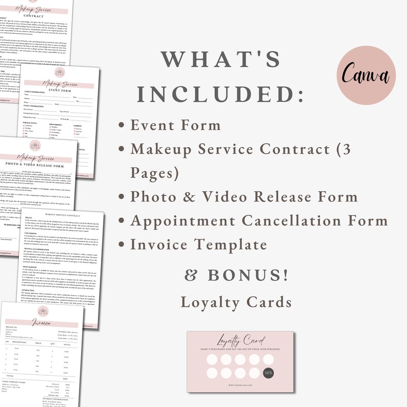 May include: A Canva design template for makeup artists and beauty professionals. The template includes an event form, makeup service contract, photo and video release form, appointment cancellation form, invoice template, and loyalty cards. The text "What's Included" is displayed in black text on a white background.