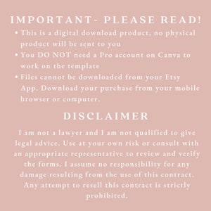 May include: A light pink background with white text. The text reads "IMPORTANT - PLEASE READ!" followed by bullet points about digital downloads and Canva. Below is "DISCLAIMER" and legal information.