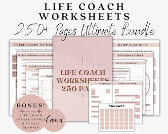 May include: A collection of life coach worksheets, including a 250+ page ultimate bundle. The worksheets are in a soft pink color and include a bonus intake bundle and yearly planner. The text on the cover reads "Life Coach Worksheets".