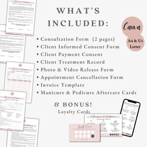 Puede incluir: Un conjunto de formularios imprimibles rosa y blanco para un negocio de manicura y pedicura. Los formularios incluyen un formulario de consulta, un formulario de consentimiento informado del cliente, un consentimiento de pago del cliente, un registro de tratamiento del cliente, un formulario de liberaci&oacute;n de fotos y videos, un formulario de cancelaci&oacute;n de citas, una plantilla de factura, tarjetas de cuidado posterior a la manicura y pedicura y tarjetas de fidelizaci&oacute;n. El texto "WHAT'S INCLUDED" y "& BONUS!" est&aacute; escrito en negro sobre fondo blanco. El texto "Canva A4 & Us Letter" est&aacute; escrito en negro sobre fondo rosa.
